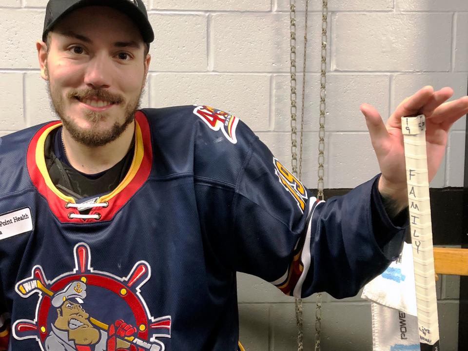 Peoria Rivermen defenseman Zach Wilkie's No. 19 sticks carry messages about family, a cross representing his faith, a memorial to his grandfather marked by the date of his passing, and his approach to life "Live 4 Now" all constant reminders of things important to him when he's on the ice.