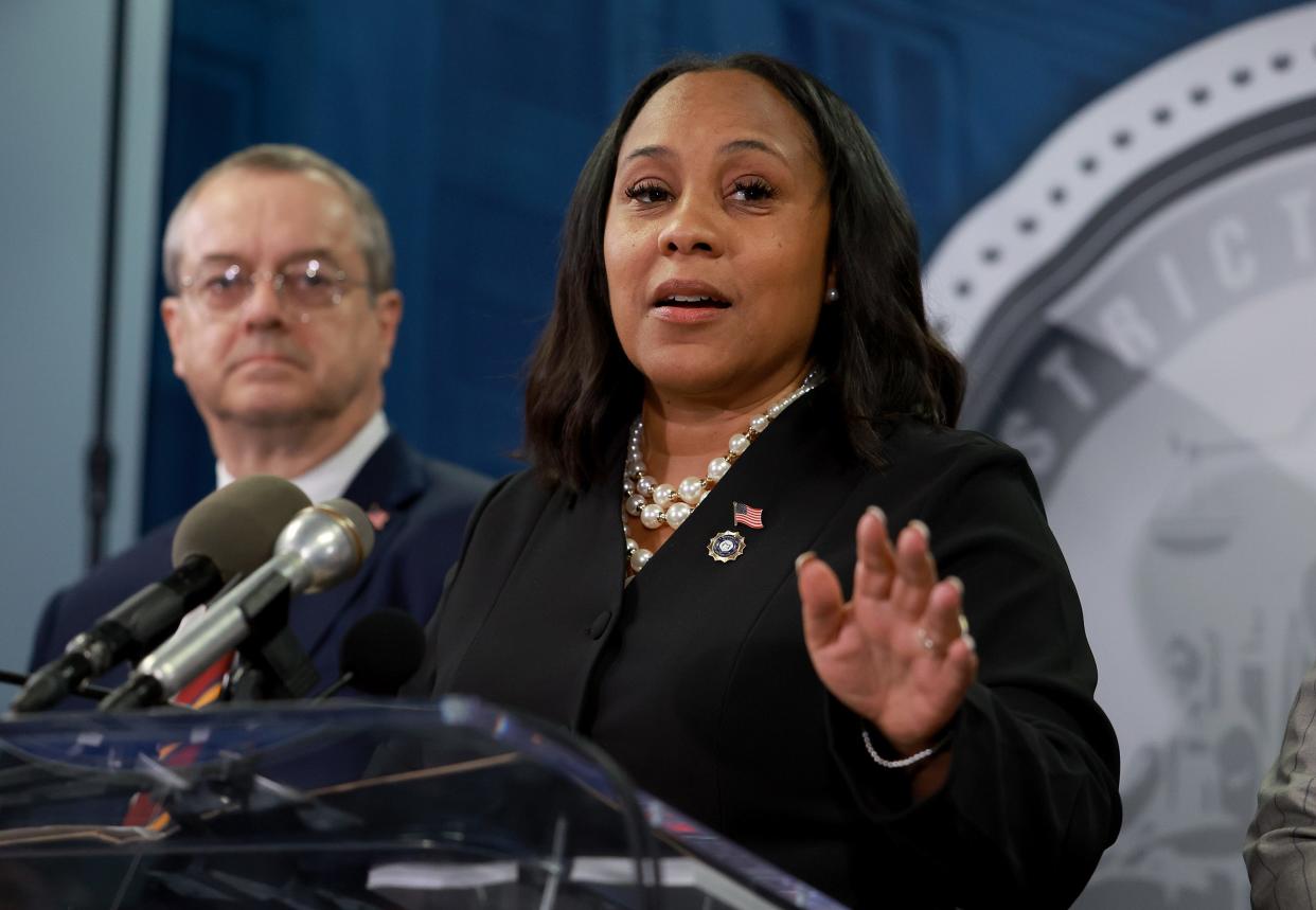 ATLANTA, GEORGIA - AUGUST 14: Fulton County District Attorney Fani Willis speaks during a news conference at the Fulton County Government building on August 14, 2023 in Atlanta, Georgia. A grand jury today handed up an indictment naming former President Donald Trump and his Republican allies over an alleged attempt to overturn the 2020 election results in the state.  (Photo by Joe Raedle/Getty Images) ORG XMIT: 776019169 ORIG FILE ID: 1615613099