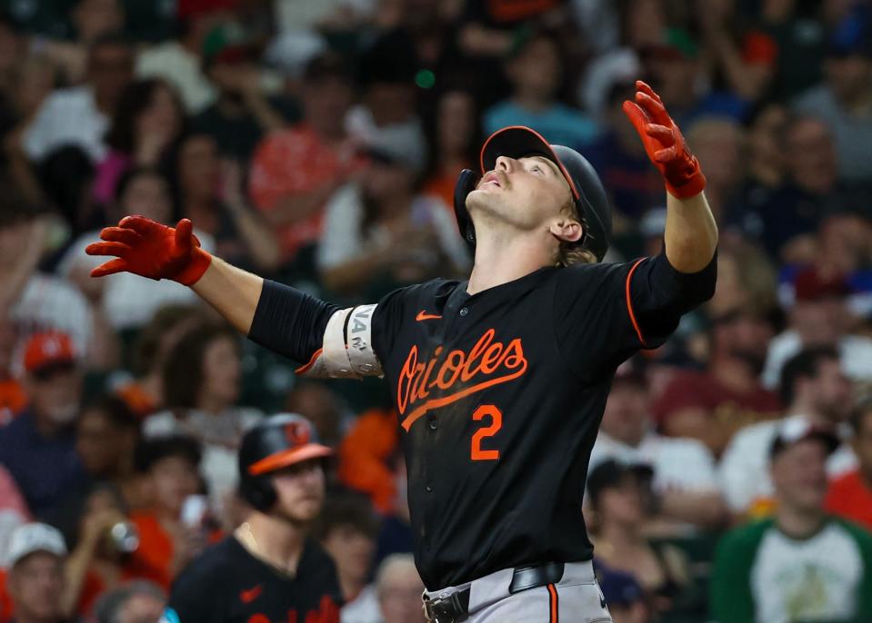Jun 21, 2024; Houston, Texas, USA; Baltimore Orioles shortstop Gunnar Henderson (2) celebrates his home run against the Houston Astros in the seventh inning at Minute Maid Park. Mandatory Credit: Thomas Shea-USA TODAY Sports
