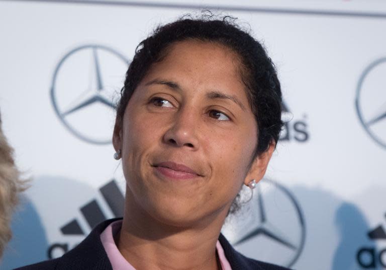 Designated new coach of German national women's football team, Steffi Jones, pictured during a press conference at the German Football federation (DFB) in Frankfurt am Main, on March 30, 2015