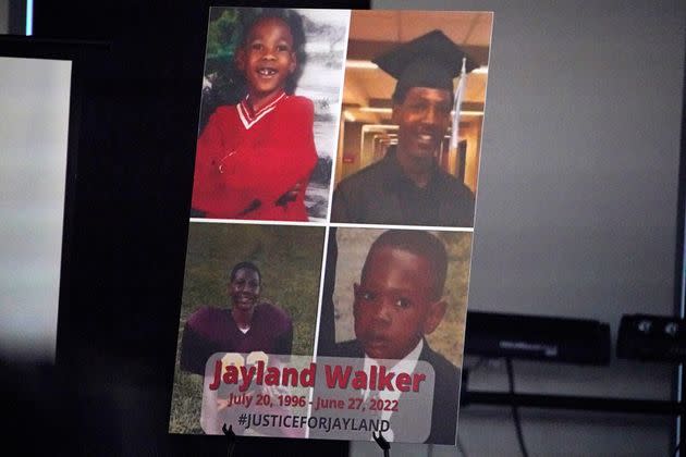 A poster is displayed on the stage during a news conference on July 13, 2022, following the funeral service for Jayland Walker at the Akron Civic Center. A grand jury announced Monday it was not returning charges against the eight police officers involved in Walker's death.