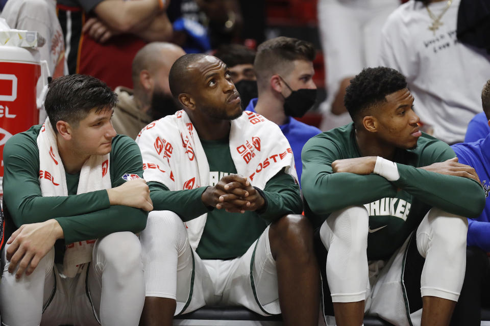 The Bucks have outscored opponents by 9.6 points per 100 possessions in the 104 minutes Grayson Allen, Khris Middleton and Giannis Antetokounmpo have played together this season. (Michael Reaves/Getty Images)