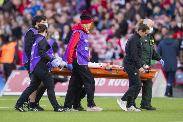 Abby Dow was carried from the Kingsholm pitch on a stretcher during the Six Nations match against Wales