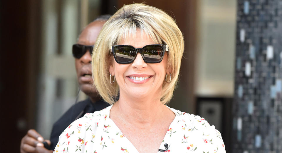 Ruth Langsford wears Alice Temperly Leopard Print Shirt dress on 'This Morning' today.  (Getty Images)