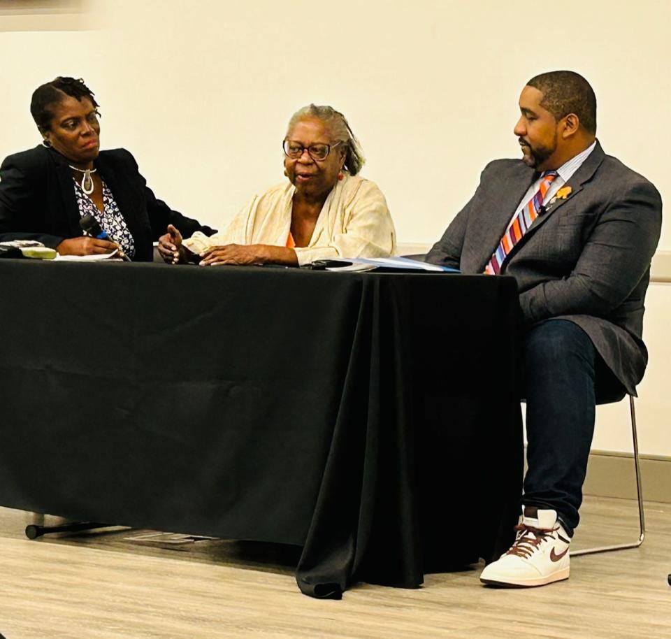 Professors Jelani Favors and Anne Bailey listen as Fath Davis Ruffins responds to a question during the Q&A session of their panel at Telfair Museums' Legacy of Slavery in Savannah symposium on Oct. 13, 2023 at Savannah State University