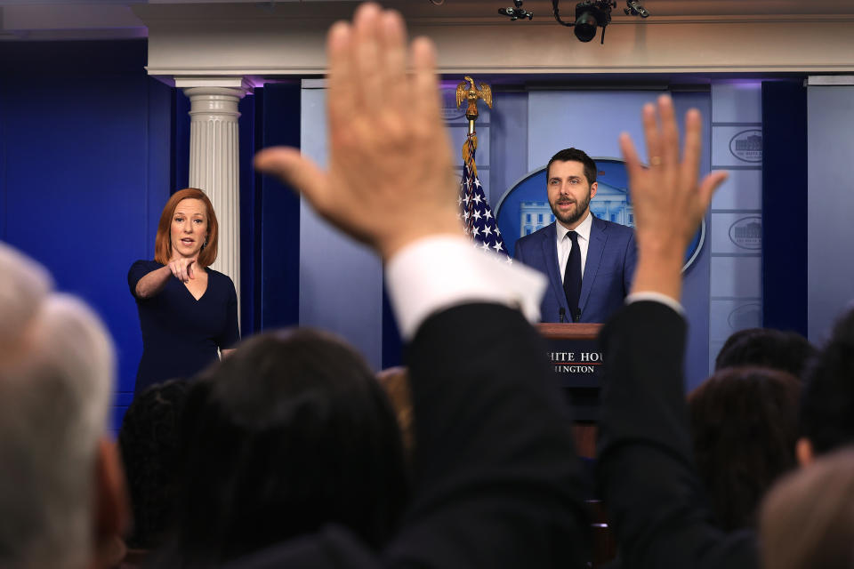 WASHINGTON, DC - JULY 02: National Economic Council Director Brian Deese (R) and White House Press Secretary Jen Psaki talk to reporters during the daily news conference in the Brady Press Briefing Room at the White House on July 02, 2021 in Washington, DC. Deese took questions about Friday's reported jobs numbers, which reported a gain of 850,000 jobs. (Photo by Chip Somodevilla/Getty Images)