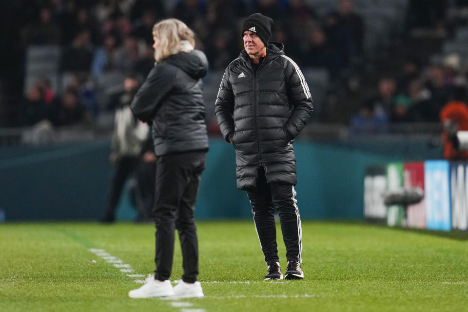 Philippines' head coach Alen Stajcic, right, and Norway's head coach Hege Riise follow the action during the Women's World Cup Group A soccer match between Norway and Philippines at Eden Park stadium in Auckland, New Zealand, Sunday, July 30, 2023. Norway defeated Philippines 6-0. (AP Photo/Abbie Parr)