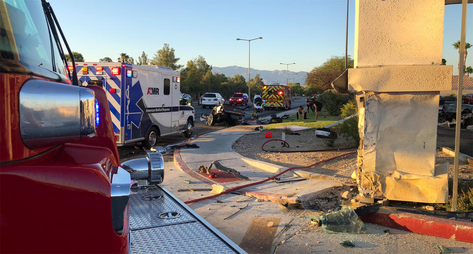 Prescia's car was cut in half after it crashed just after 7pm on Sunday (local time). Source: Twitter/Las Vegas Fire Rescue