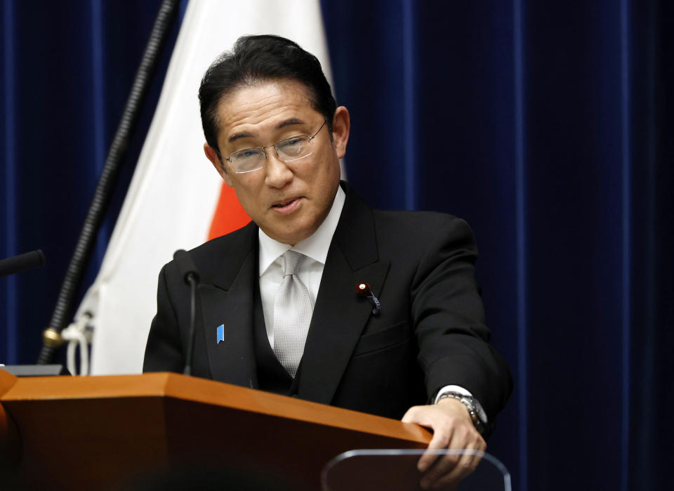 Japan's Prime Minister Fumio Kishida attends a news conference after his cabinet shuffle in Tokyo, Wednesday, Sept. 13, 2023. Kishida shuffled his Cabinet and key party posts Wednesday in an apparent move to strengthen his position before a key party leadership vote next year, while appointing more women to showcase his effort for women's advancement in his conservative party. (Issei Kato/Pool Photo via AP)