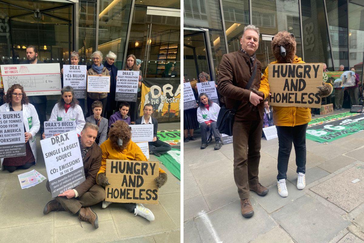 Handout photo issued by Axe Drax of broadcaster Chris Packham and members of the Axe Drax campaign group protesting outside the Drax AGM in the City of London on Thursday <i>(Image: PA)</i>