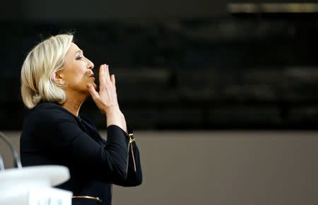 Marine Le Pen, French National Front (FN) political party leader and candidate for French 2017 presidential election, attends a political rally in Perpignan, France, April 15, 2017. REUTERS/Jean-Paul Pelissier