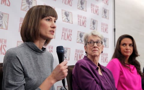 From left: Rachel Crooks, Jessica Leeds and Samantha Holvey speak at news conference for the film "16 Women and Donald Trump" which focuses on women who have publicly accused President Trump of sexual misconduct, in New York - Credit: Andrew Kelly/Reuters