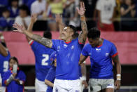 Samoa's Tusi Pisi waves to the crowd following their Rugby World Cup Pool A game against Russia at Kumagaya Rugby Stadium, Kumagaya City, Japan, Tuesday, Sept. 24, 2019. Samoa defeated Russia 34-9. (AP Photo/Jae Hong)