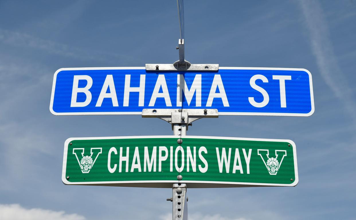 Bahama Street, which leads up to Venice High School at 1 Indian Avenue, displays a sign proclaiming it as Champions Way.