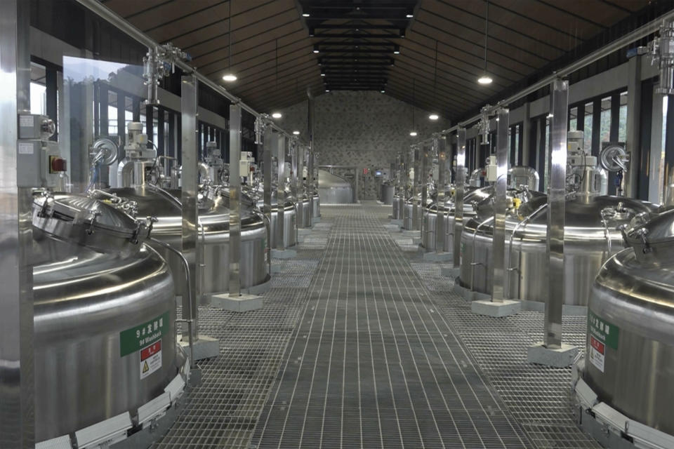 In this image from a video, Fermentation area at The Chuan Malt Whisky Distillery is seen in Emeishan in southwestern China's Sichuan province on Dec. 12, 2023. The more than $100 million distillery owned by Pernod Ricard and based at the UNESCO World Heritage site Mount Emei, launched a pure-malt whisky, The Chuan, aiming to tap a growing taste among young Chinese for whisky in place of the traditional "baijiu" used to toast festive occasions. (AP Photo/Caroline Chen)