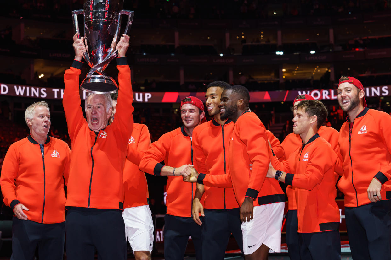 LONDON, ENGLAND - SEPTEMBER 25: Team World celebrate with the Laver Cup trophy after beating Team Europe 13-8 at The O2 Arena on September 25, 2022 in London, England. (Photo by Frey/TPN/Getty Images)