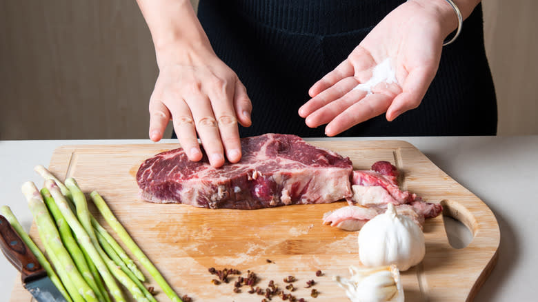 Salting a Wagyu beef steak