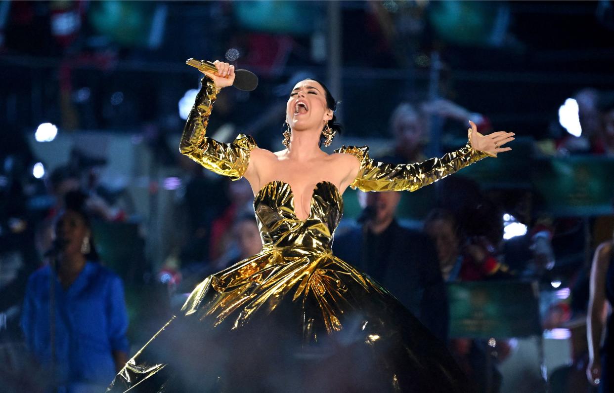 US artist Katy Perry performs inside Windsor Castle grounds at the Coronation Concert, in Windsor, west of London on May 7, 2023. - For the first time ever, the East Terrace of Windsor Castle will host a spectacular live concert that will also be seen in over 100 countries around the world. The event will be attended by 20,000 members of the public from across the UK. (Photo by Leon Neal / POOL / AFP) (Photo by LEON NEAL/POOL/AFP via Getty Images)