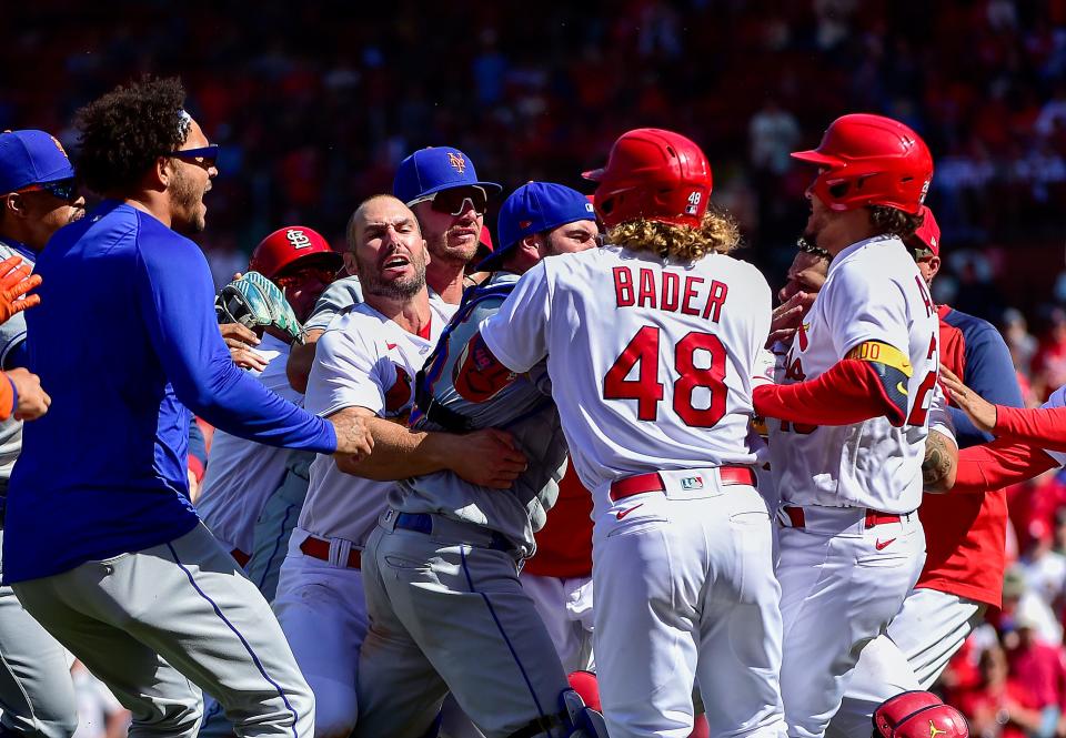 April 27: Benches clear during the game between the St. Louis Cardinals and New York Mets.