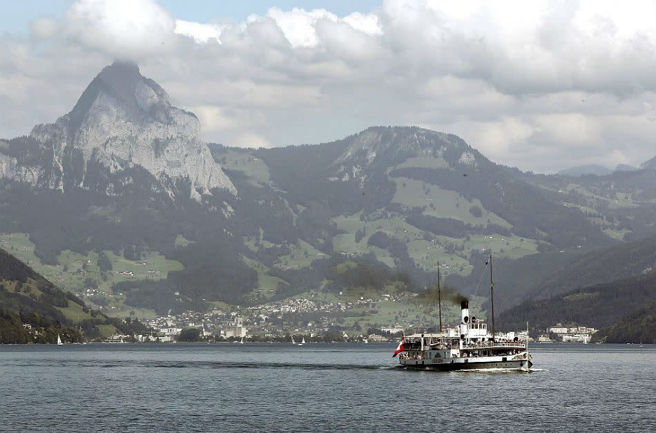 The tourist steamboat 'Stadt Luzern' sails on Lake Lucerne. The 'Stadt Luzern' was built in 1928.