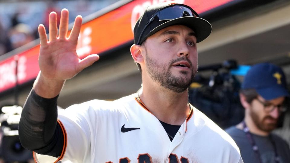 Apr 9, 2023;  San Francisco, California, USA;  San Francisco Giants right fielder Michael Conforto (8) gestures after defeating the Kansas City Royals at Oracle Park.