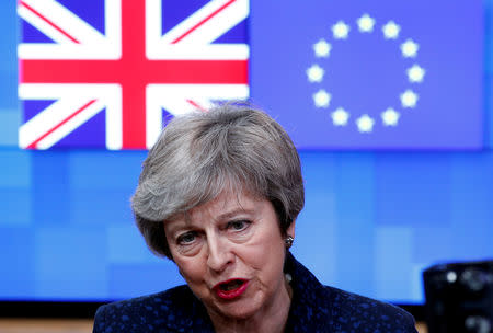 FILE PHOTO: British Prime Minister Theresa May speaks at the European Council headquarters in Brussels, Belgium February 7, 2019. REUTERS/Francois Lenoir/File Photo