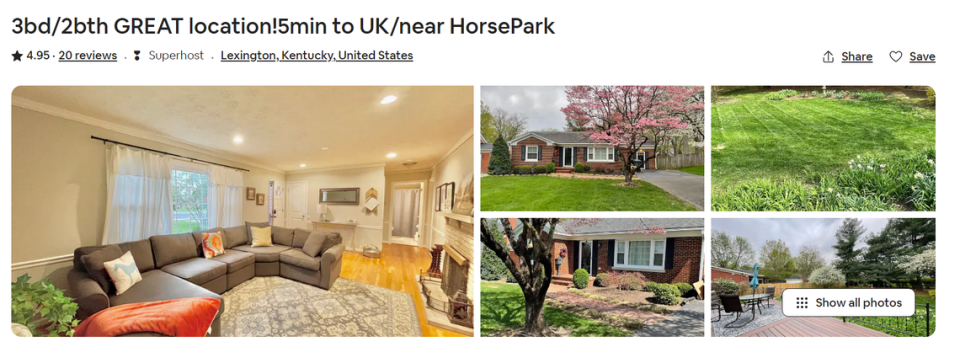 An Airbnb vacation rental listing for a suburban ranch house on Clays Mill Road in Lexington.