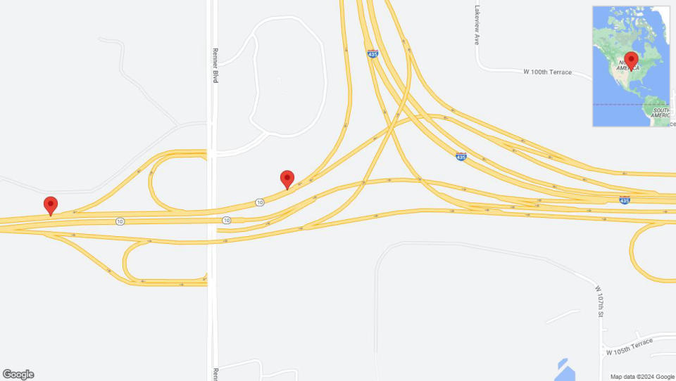 A detailed map that shows the affected road due to 'Traffic alert issued due to heavy rain conditions on westbound K-10 in Lenexa' on June 19th at 4:19 p.m.