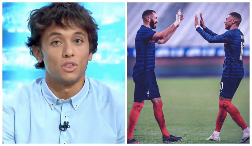 Darío Montero en 'El chiringuito de jugones'; Karim Benzema y Kylian Mbappé durante un partido con Francia. (Fuentes: Twitter/@elchiringuitotv; Instagram/@k.mbappe)