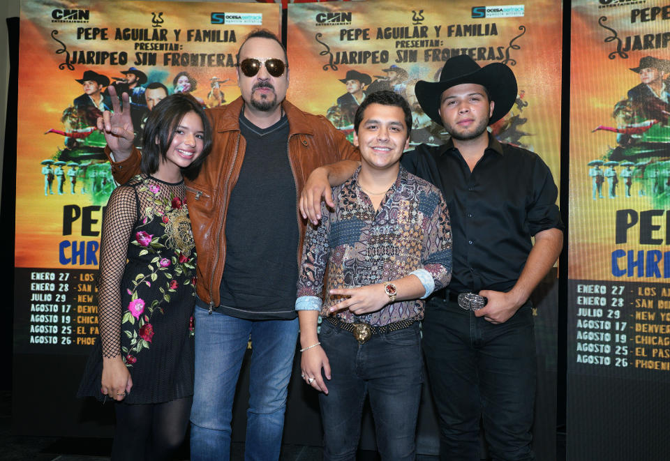 Ángela Aguilar, Leonardo Aguilar, Pepe Aguilar y Christian Nodal presentando Jaripeo Sin Fronteras' en el  Staples Center de Los Ángeles el 10 de enero de 2018. (Photo by JC Olivera/Getty Images)