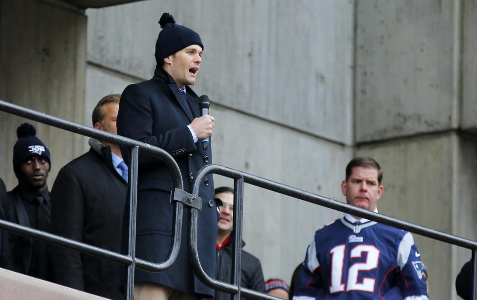 New England Patriots quarterback Brady speaks to fans gathered for a send off rally for the team outside City Hall in Boston