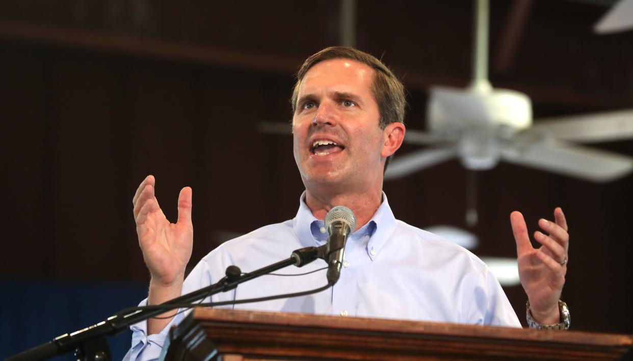 Kentucky Governor Andy Beshear spoke during the Fancy Farm political picnic in Graves County, Ky. on Aug. 05, 2023 as he runs for reelection.