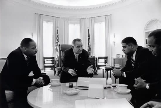 President Lyndon B. Johnson meets with Civil Rights leaders Martin Luther King, Jr., Whitney Young, and James Farmer in the Oval Office. January 18, 1964. . (by Lyndon Baines Johnson Presidential Library)