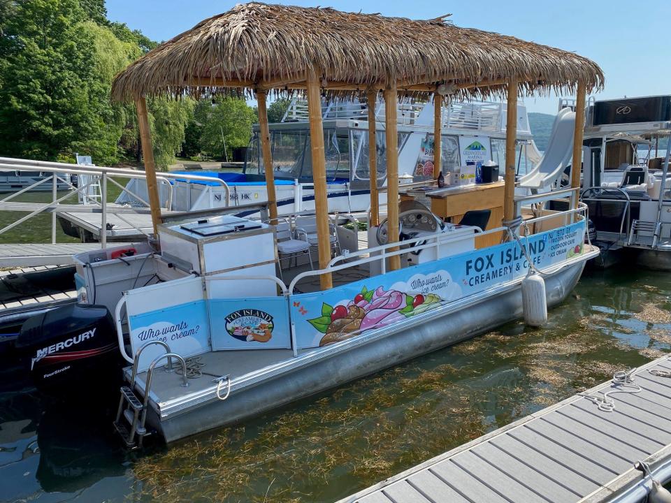 Fox Island Creamery has expanded its operation to include an ice cream pontoon boat, which was out on Greenwood Lake Memorial Day weekend. Boat is shown here docked at Greenwood Lake Marina.