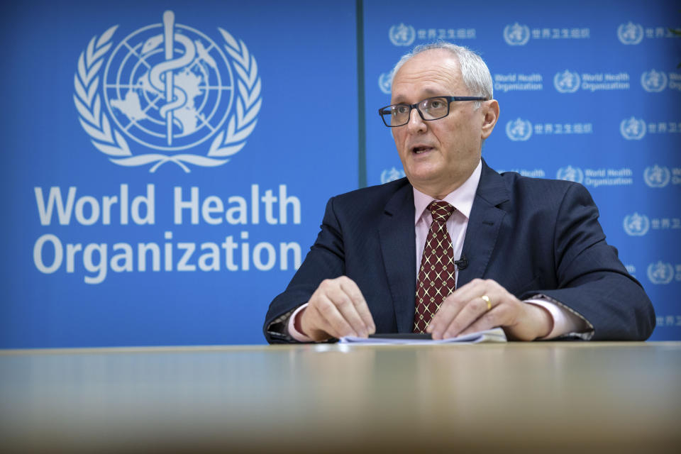 Dr. Gauden Galea, the World Health Organization (WHO) representative in China, speaks during an interview with The Associated Press at the WHO's offices in Beijing, Thursday, Jan. 23, 2020. Galea said that “trying to contain a city of 11 million people is new to science,” as Wuhan canceled departing trains and flights amid a viral outbreak that the representative said could infect thousands. (AP Photo/Mark Schiefelbein)