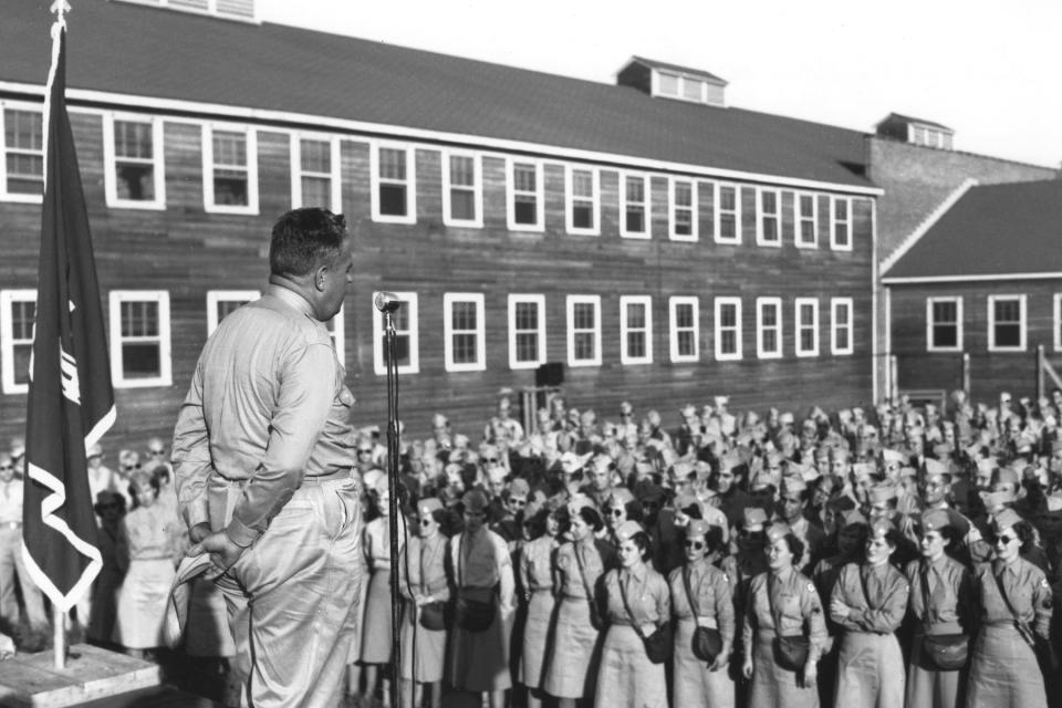 Major General Leslie Richard Groves, Jr., director of the Manhattan Project, speaks to service personnel at the atomic research facility in Oak Ridge, Tennessee, August 29, 1945.