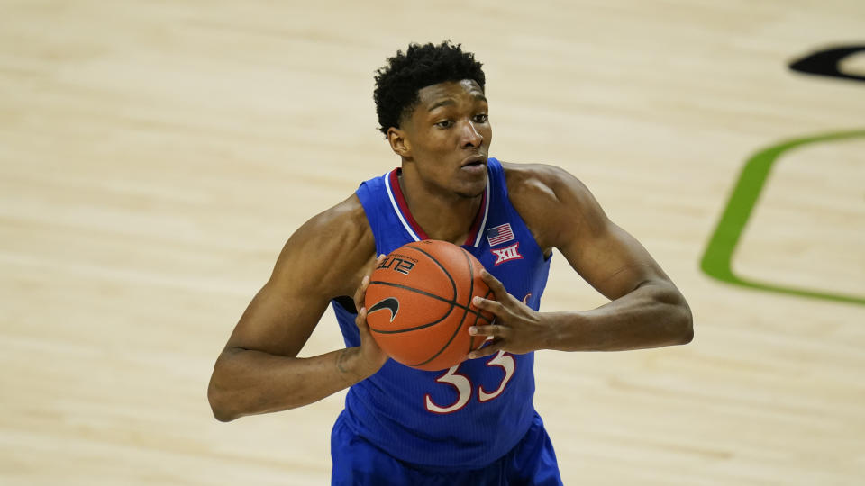 Kansas forward David McCormack during the second half of an NCAA college basketball game against Iowa State, Saturday, Feb. 13, 2021, in Ames, Iowa. Kansas won 64-50. (AP Photo/Charlie Neibergall)