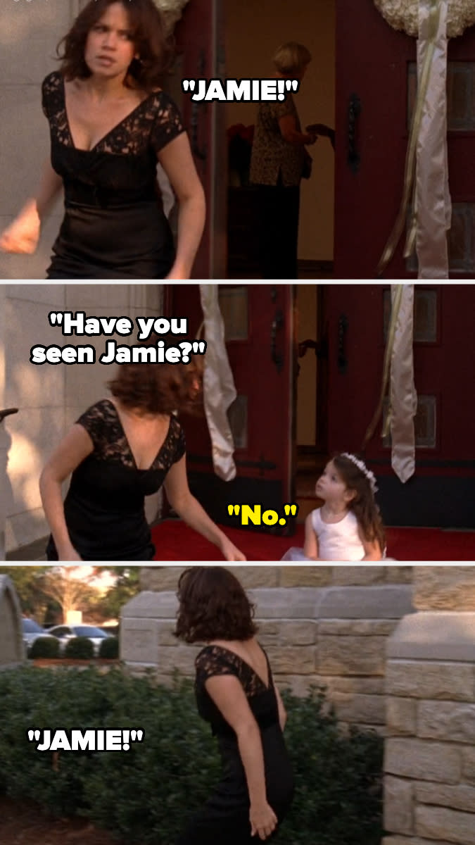 A woman in a black dress, first looking worried and calling "Jamie." She then asks a girl in a white dress, "Have you seen Jamie?" The girl responds, "No."