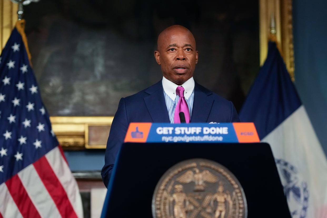 Mayor Eric Adams delivers an address at City Hall on asylum seekers in lower Manhattan, New York on Friday, October 7, 2022. 