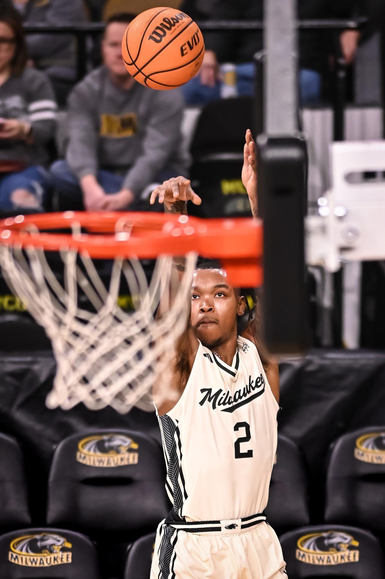 UW-Milwaukee guard Elijah Jamison puts up a three-point shot against Northern Kentucky on Feb. 14. Jamison recently entered the transfer portal.