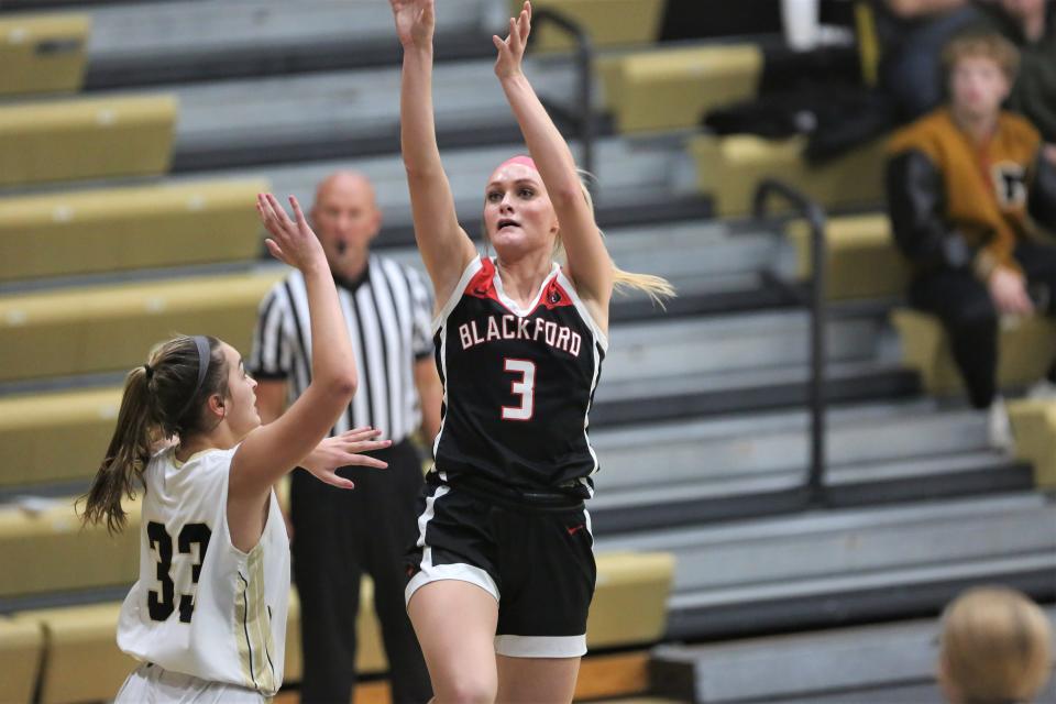Blackford girls basketball's Liv Waters makes a fadeaway jumper in the team's game at Madison-Grant High School on Saturday, Dec. 3, 2022.