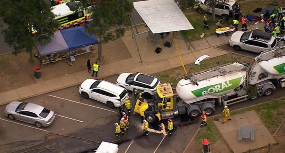The truck reportedly hit several parked cars at the rest stop along the Hume Highway. Source: 9News