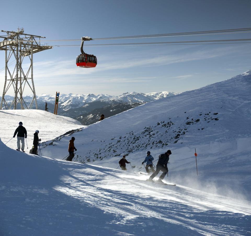 Skiers below the gondola that connects the two mountains that form the Whistler Blackcomb resort.