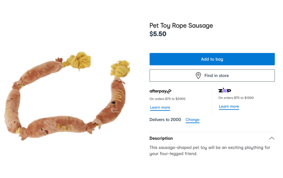 Kmart website product page of dog sausage toy