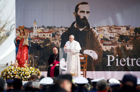 Pope Francis speaks to the faithful during his pastoral visit in Pietrelcina, Italy March 17, 2018. REUTERS/Ciro De Luca