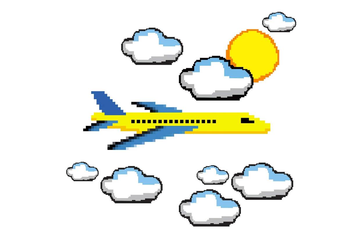 digital illustration of a plane, clouds, and sun
