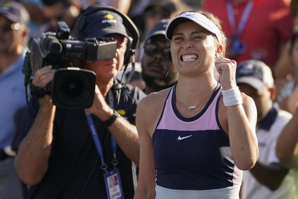 Paula Badosa, of Spain, reacts after beating Lesia Tsurenko, of Ukraine, during the first round of the US Open tennis championships, Tuesday, Aug. 30, 2022, in New York. (AP Photo/John Minchillo)