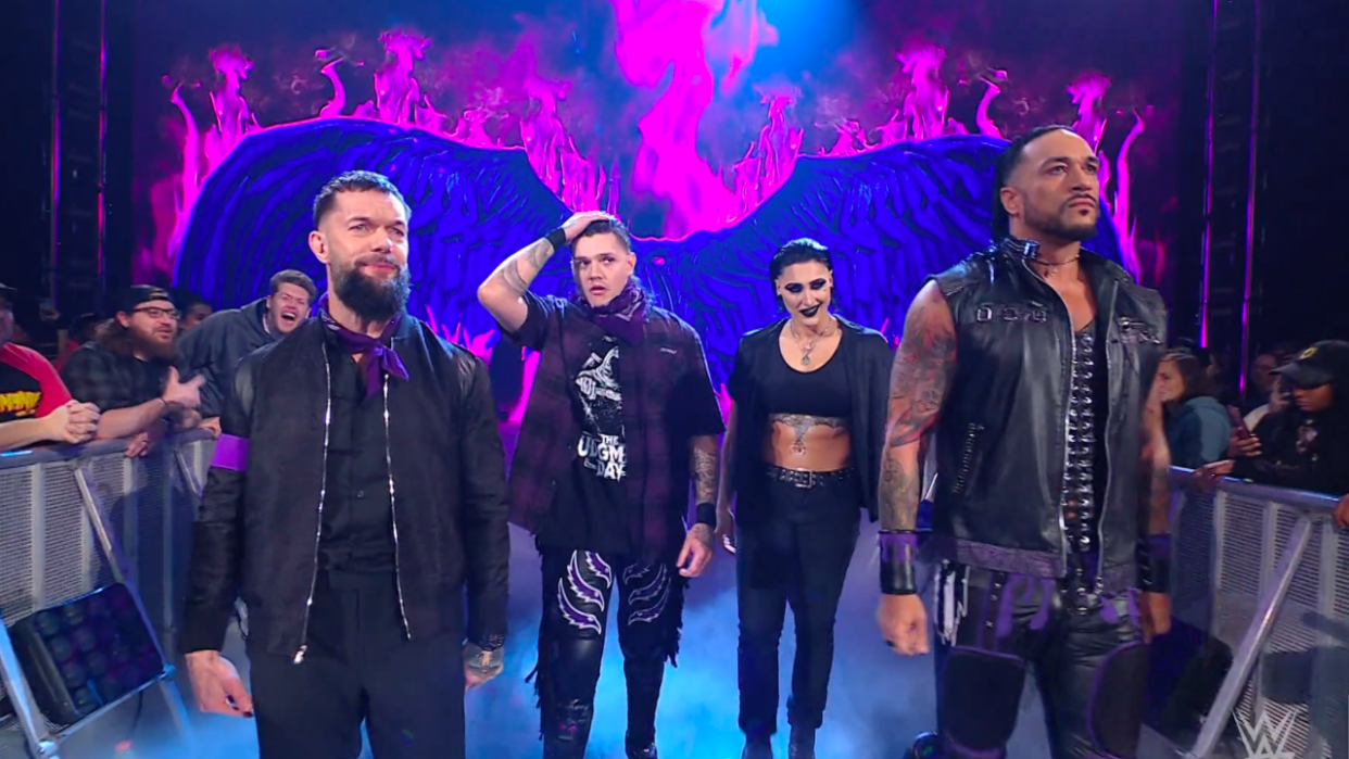  Judgment Day walks out for a match with Finn Balor, Dominik Mysterio, Rhea Ripley and Damian Priest. 