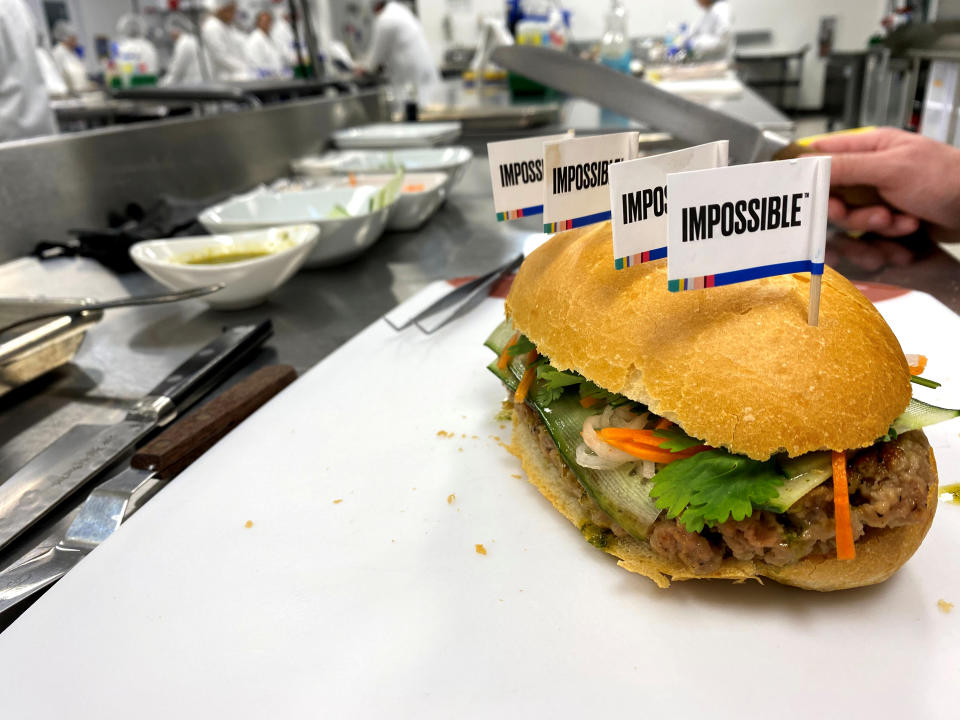 A banh mi sandwich made with a plant-based Impossible Pork patty at the Impossible Foods headquarters in Silicon Valley, in San Francisco, California, U.S., December 19, 2019. REUTERS/Richa Naidu