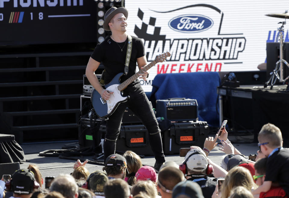 FILE - Hunter Hayes performs before a NASCAR Cup Series Championship auto race on Nov. 18, 2018, in Homestead, Fla. Hayes turns 31 on Sept. 9. (AP Photo/Terry Renna, File)